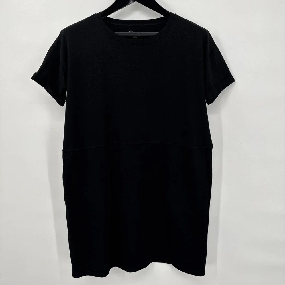 Eileen Fisher Black Organic Cotton Spandex Midi Dress Minimalist Boxy Pockets PM